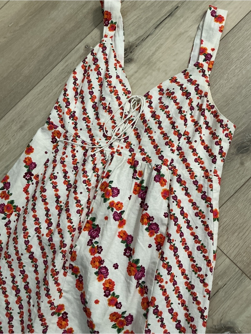 For Love & Lemons Floral Stripe Midi Slip Dress in White with Red & Pink Accents - Picture 5 of 6